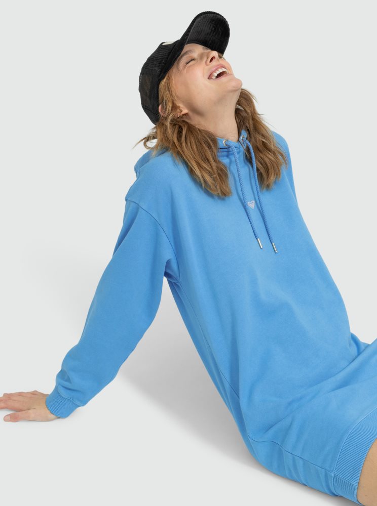 AZURE Blue Women's Roxy Surfing Oversized Sweatshirt Dress | USA WFEA-56013