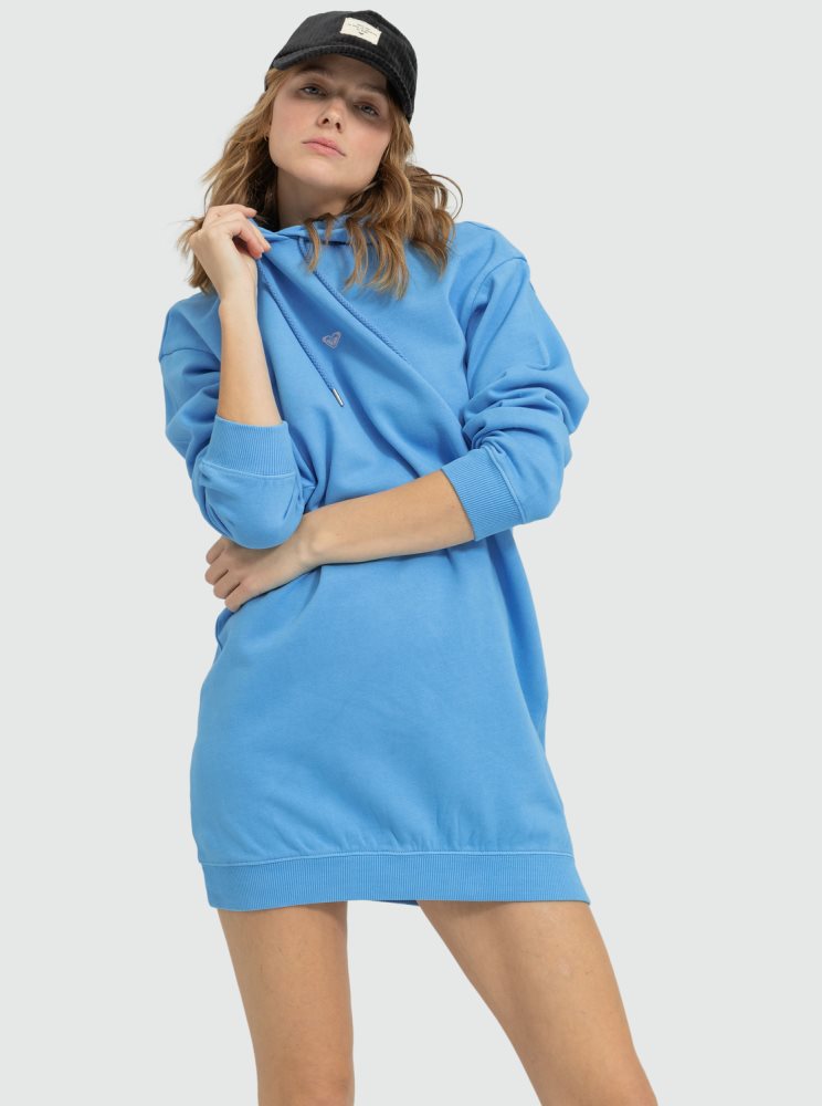 AZURE Blue Women\'s Roxy Surfing Oversized Sweatshirt Dress | USA WFEA-56013