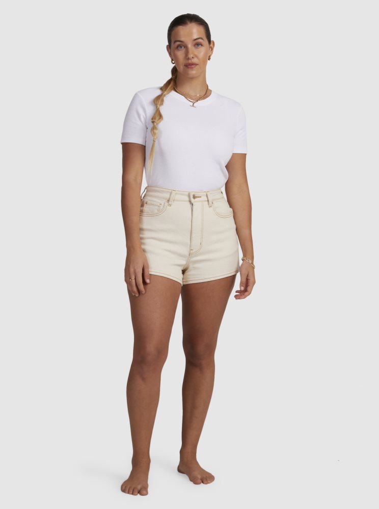 Beige Women's Roxy Chlo Natural Denim Shorts | USA ECBR-34612