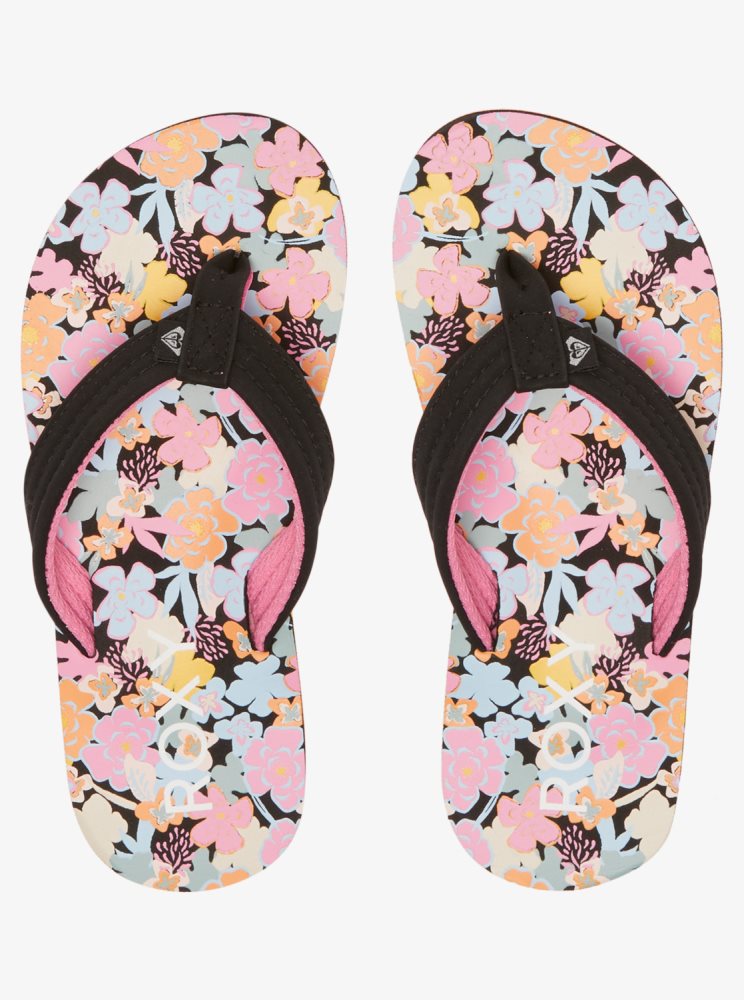 Black Multicolor Kids' Roxy 4-16 Vista Loreto Flip Flops | USA XADR-71069