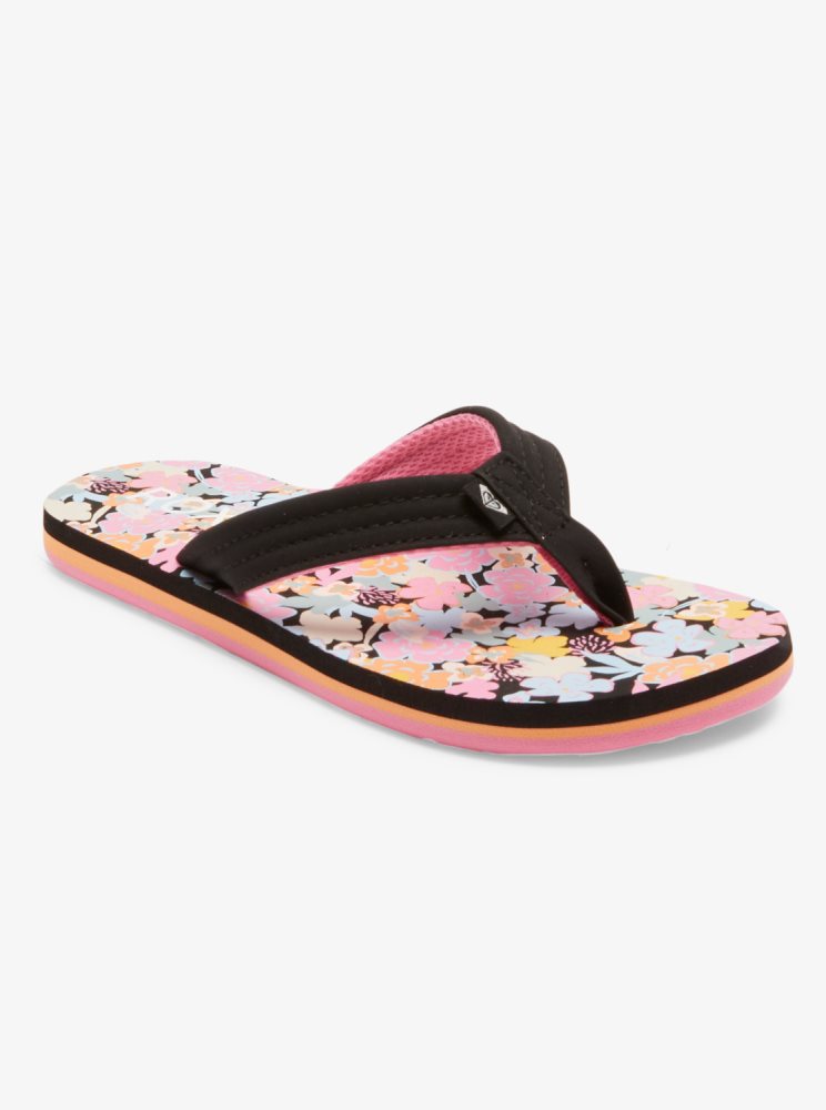 Black Multicolor Kids\' Roxy 4-16 Vista Loreto Flip Flops | USA XADR-71069