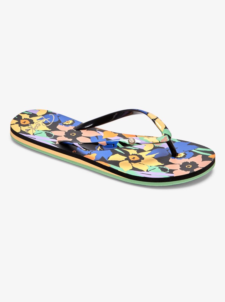 Black Multicolor Women's Roxy Portofino Flip Flops | USA WUNP-02943