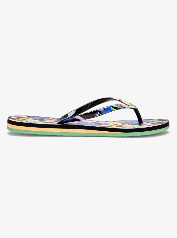 Black Multicolor Women's Roxy Portofino Flip Flops | USA WUNP-02943