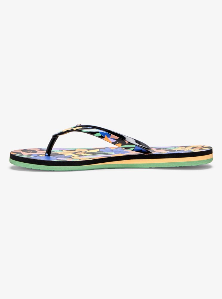 Black Multicolor Women's Roxy Portofino Flip Flops | USA WUNP-02943