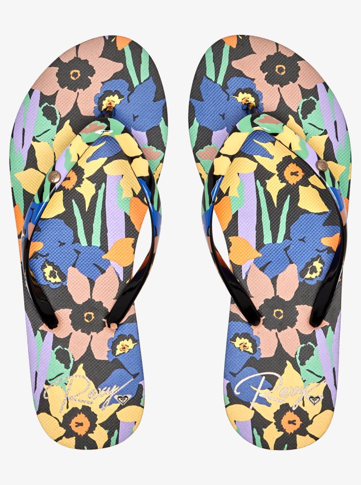 Black Multicolor Women's Roxy Portofino Flip Flops | USA WUNP-02943