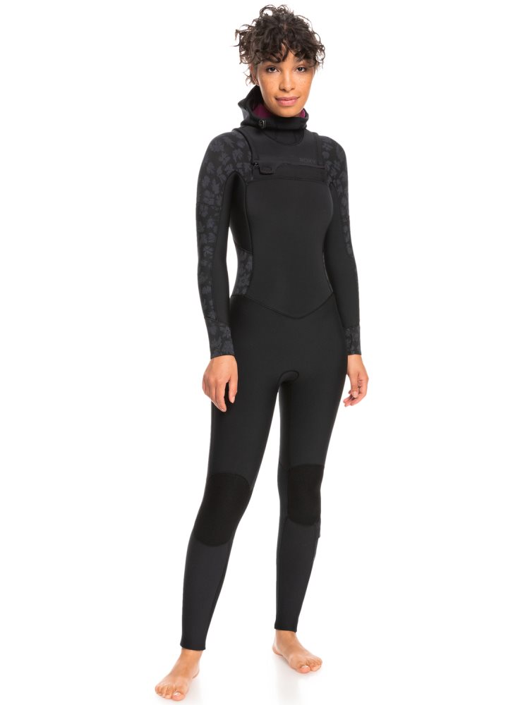 Black Women's Roxy 5/4/3mm Swell Series Hooded Chest Zip Wetsuit | USA BTDE-24179