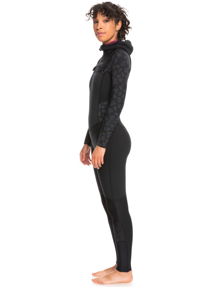 Black Women's Roxy 5/4/3mm Swell Series Hooded Chest Zip Wetsuit | USA BTDE-24179