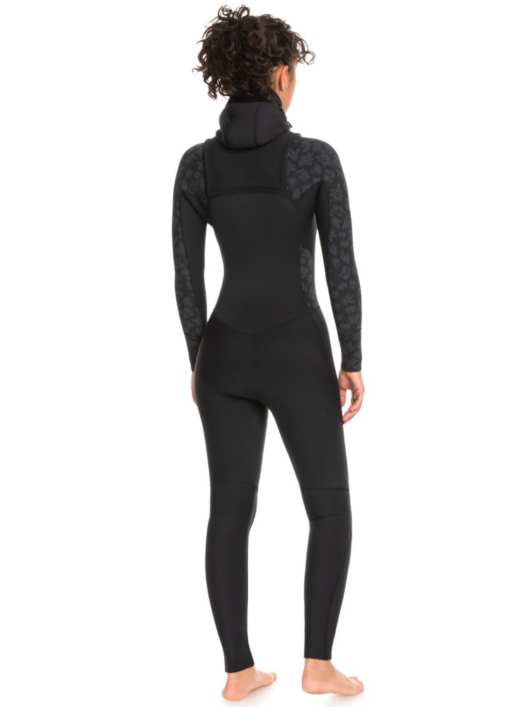 Black Women's Roxy 5/4/3mm Swell Series Hooded Chest Zip Wetsuit | USA BTDE-24179