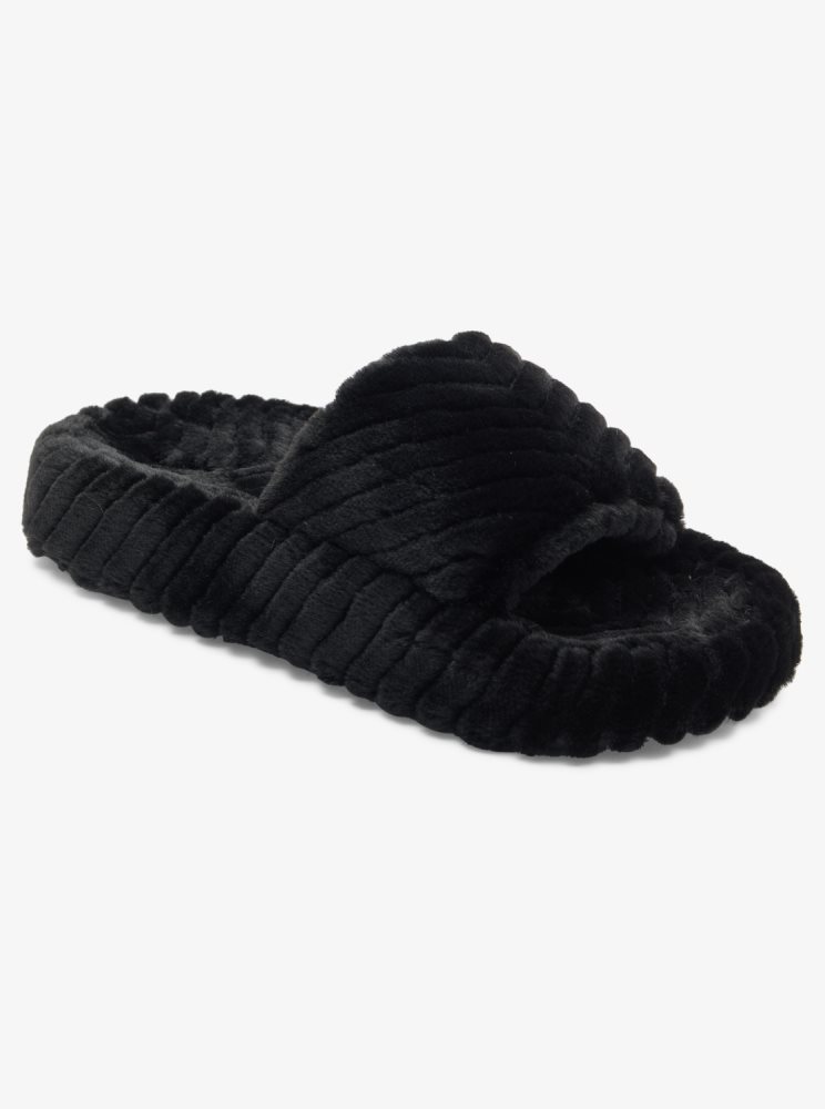 Black Women's Roxy Slippy Faux Fur Slide Sandals | USA VKEX-43261