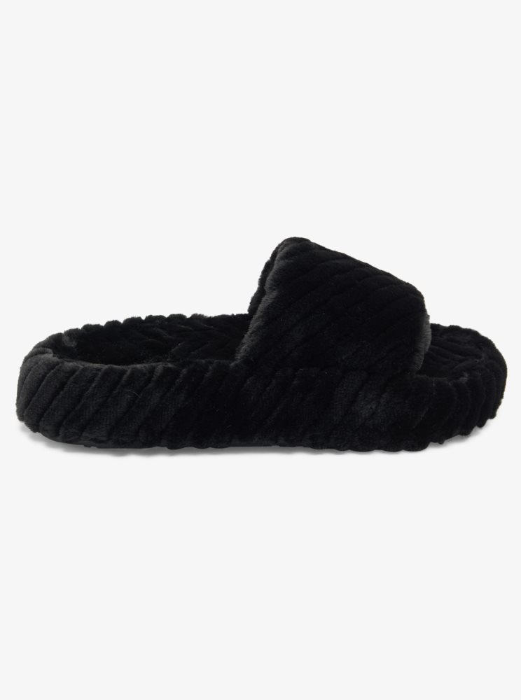 Black Women's Roxy Slippy Faux Fur Slide Sandals | USA VKEX-43261