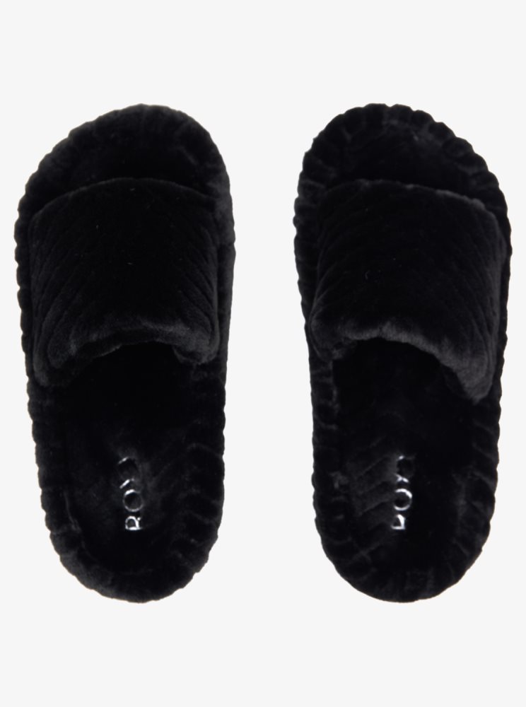 Black Women's Roxy Slippy Faux Fur Slide Sandals | USA VKEX-43261