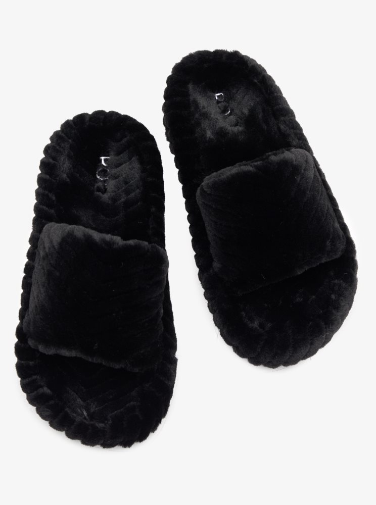 Black Women's Roxy Slippy Faux Fur Slide Sandals | USA VKEX-43261