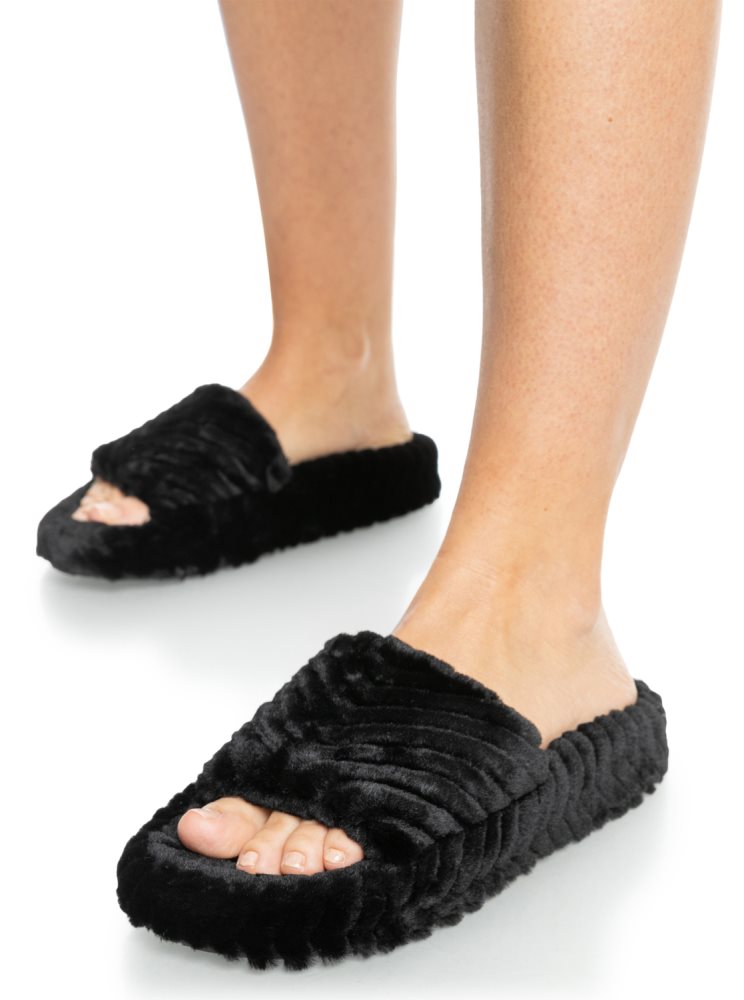 Black Women\'s Roxy Slippy Faux Fur Slide Sandals | USA VKEX-43261