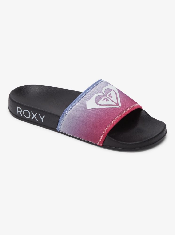 Black Women\'s Roxy Slippy Neo Slide Sandals | USA JUXD-26014