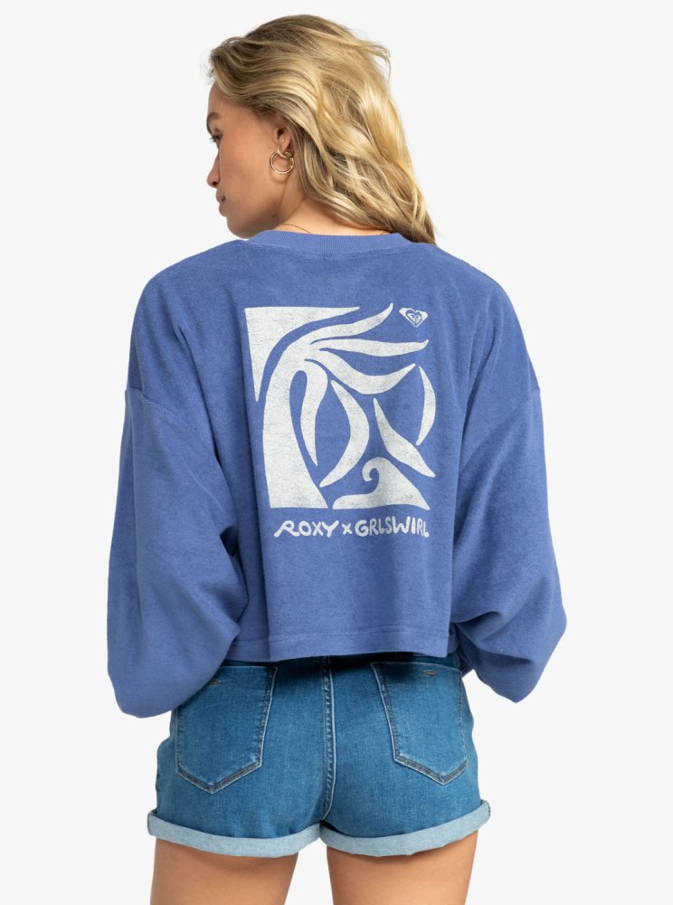 Blue / Navy Women's Roxy x Grl Swirl Cropped Sweatshirts | USA YGPJ-69405