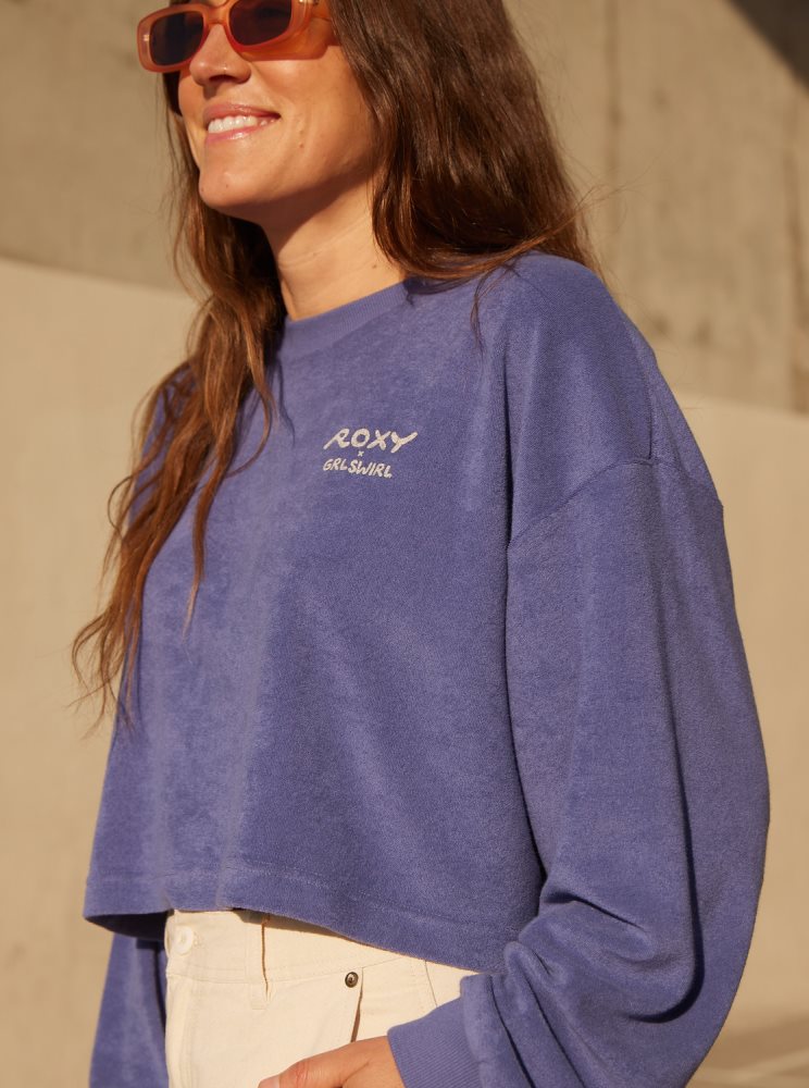 Blue / Navy Women's Roxy x Grl Swirl Cropped Sweatshirts | USA YGPJ-69405