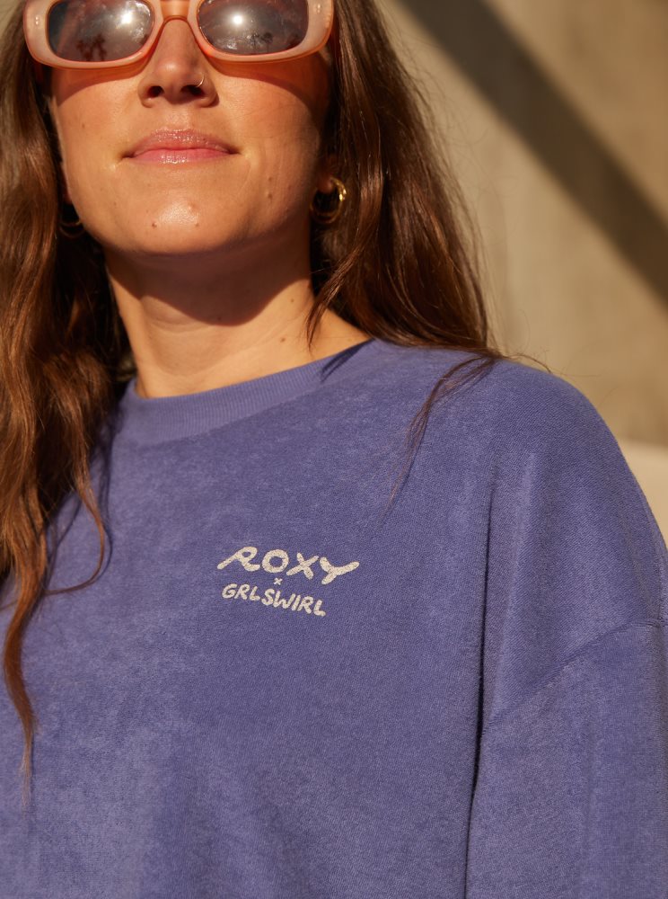 Blue / Navy Women's Roxy x Grl Swirl Cropped Sweatshirts | USA YGPJ-69405