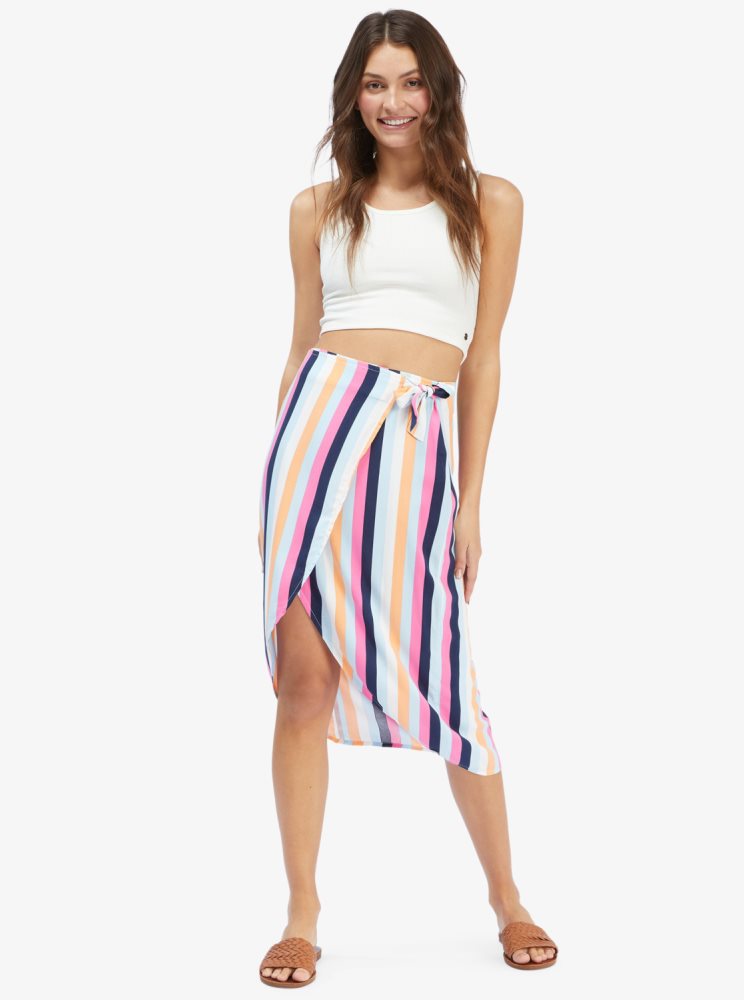 Blue Stripes Women's Roxy Destiny Waits Midi Wrap Skirts | USA QPKJ-91485