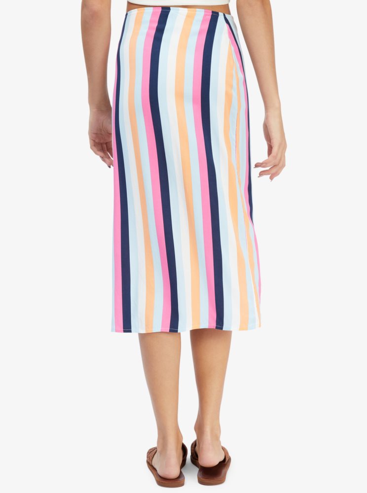 Blue Stripes Women's Roxy Destiny Waits Midi Wrap Skirts | USA QPKJ-91485