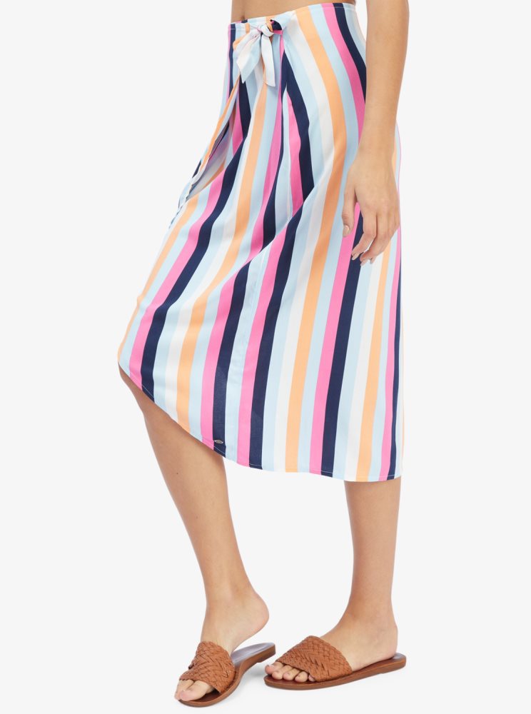 Blue Stripes Women's Roxy Destiny Waits Midi Wrap Skirts | USA QPKJ-91485