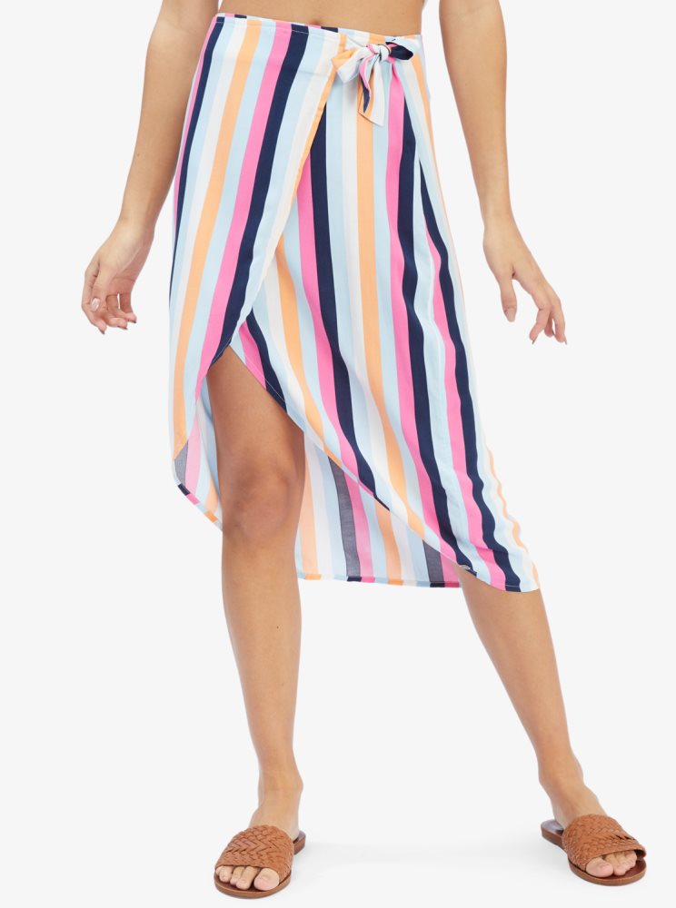 Blue Stripes Women\'s Roxy Destiny Waits Midi Wrap Skirts | USA QPKJ-91485