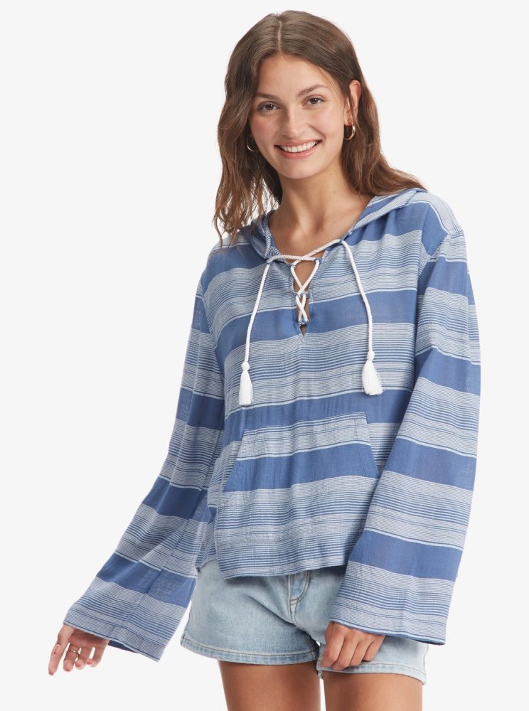 Blue Stripes Women's Roxy Head On Over Poncho Hoodie | USA SING-91684