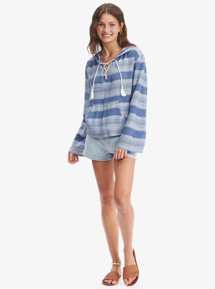 Blue Stripes Women's Roxy Head On Over Poncho Hoodie | USA SING-91684