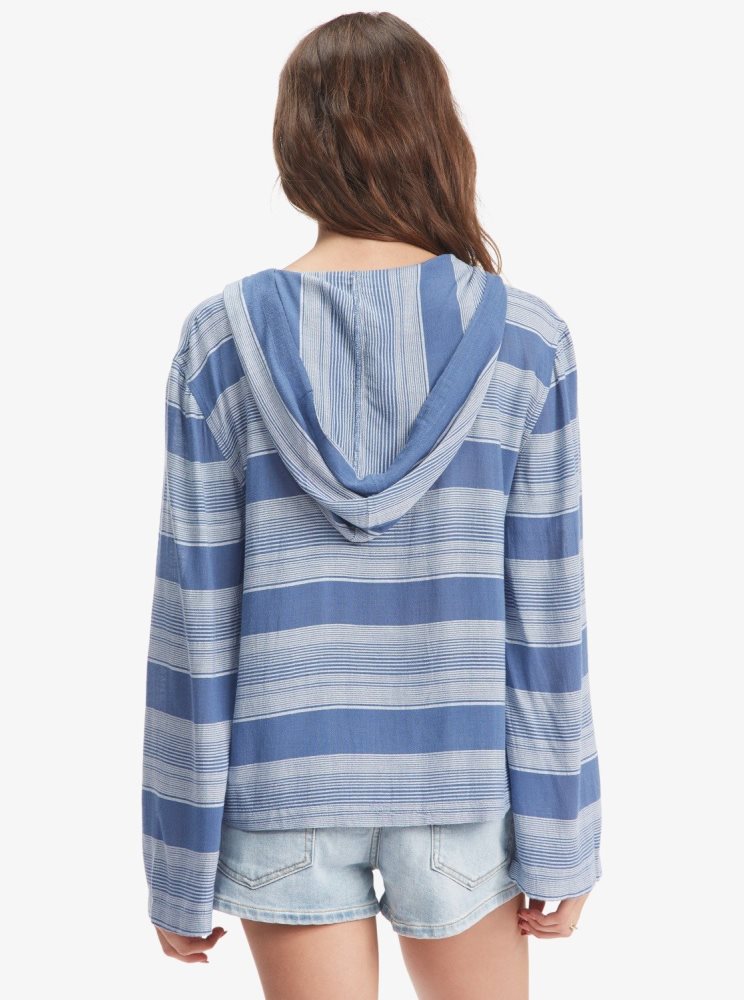 Blue Stripes Women's Roxy Head On Over Poncho Hoodie | USA SING-91684