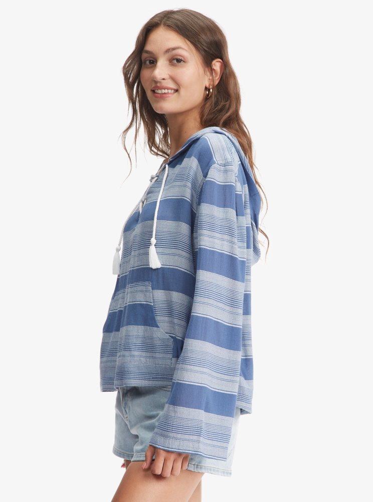 Blue Stripes Women's Roxy Head On Over Poncho Hoodie | USA SING-91684