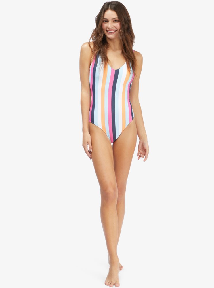 Blue Stripes Women's Roxy Holiday Jungle One Piece Swimsuits | USA NFXI-56283