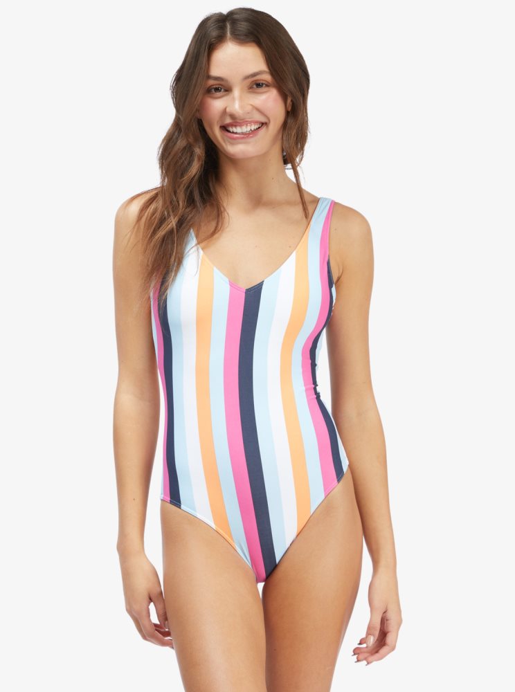 Blue Stripes Women\'s Roxy Holiday Jungle One Piece Swimsuits | USA NFXI-56283