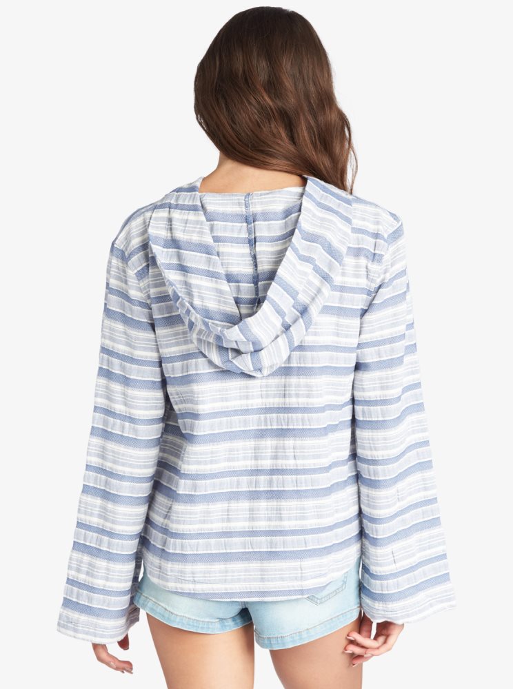 Blue Stripes Women's Roxy Paradise Calling Woven Poncho Hoodie | USA BPRH-71342