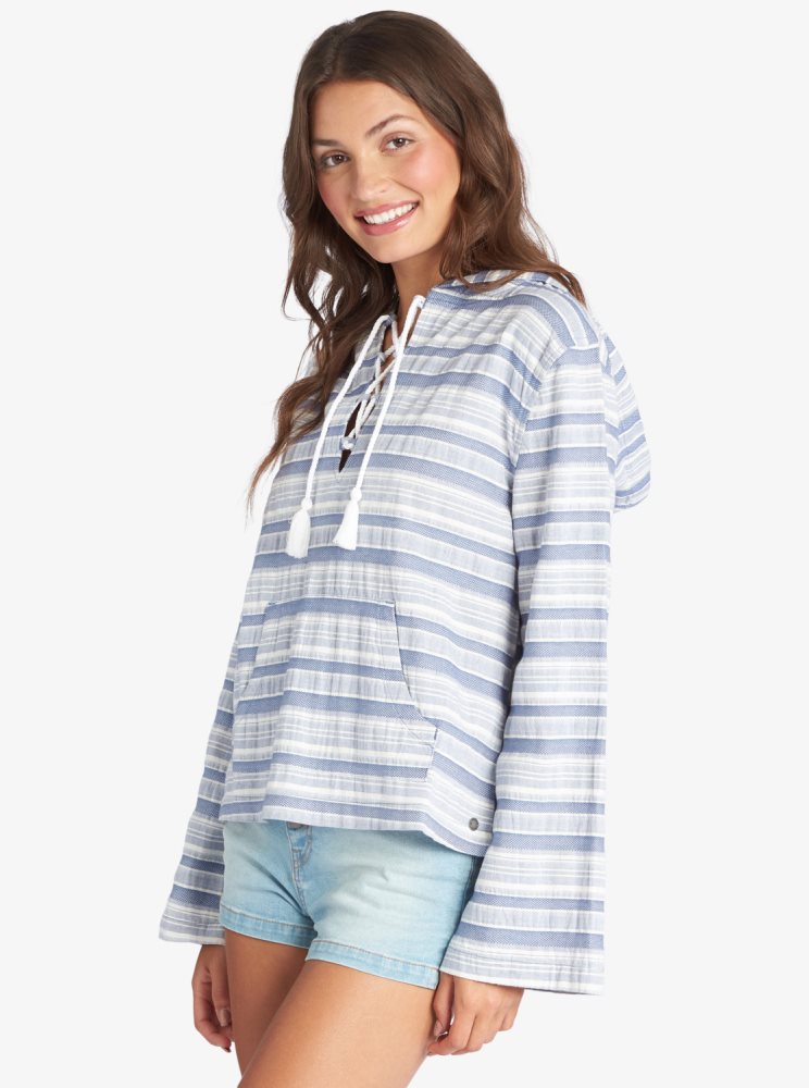 Blue Stripes Women's Roxy Paradise Calling Woven Poncho Hoodie | USA BPRH-71342