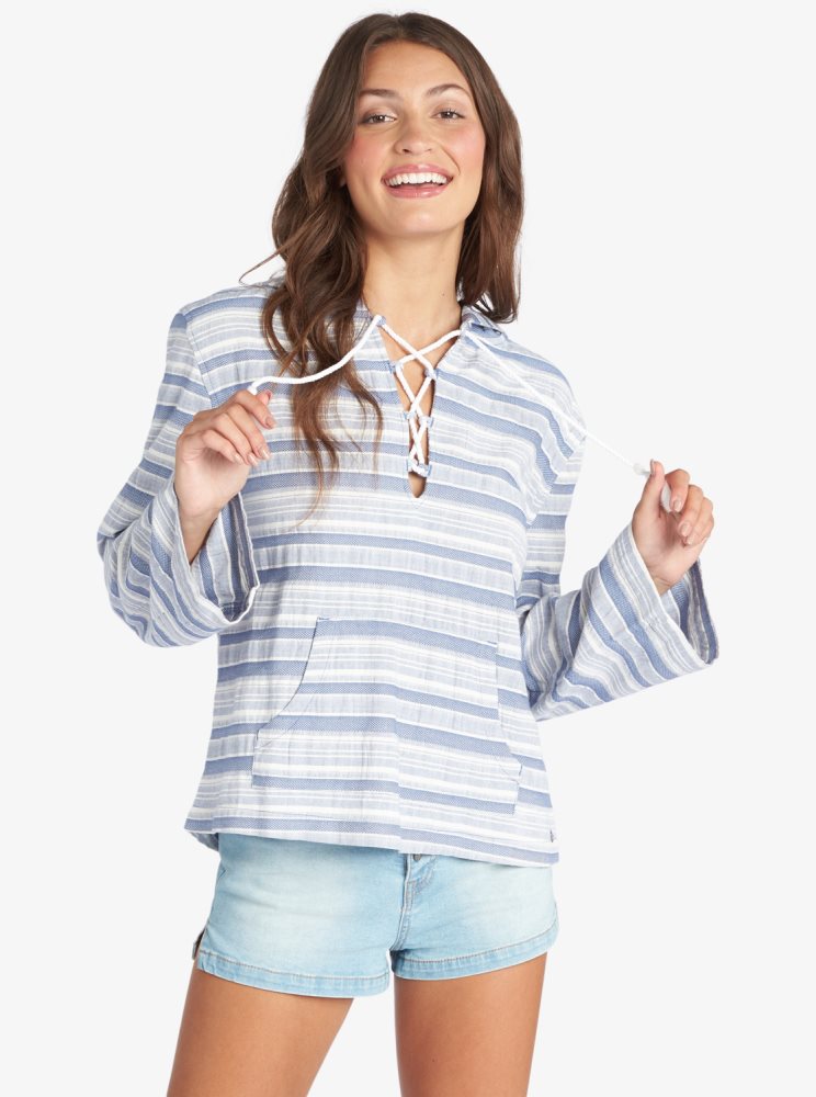 Blue Stripes Women\'s Roxy Paradise Calling Woven Poncho Hoodie | USA BPRH-71342