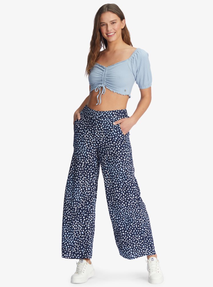 Blue Women's Roxy Flirty Walk Puff Sleeve Crop Tops | USA UTMS-14875