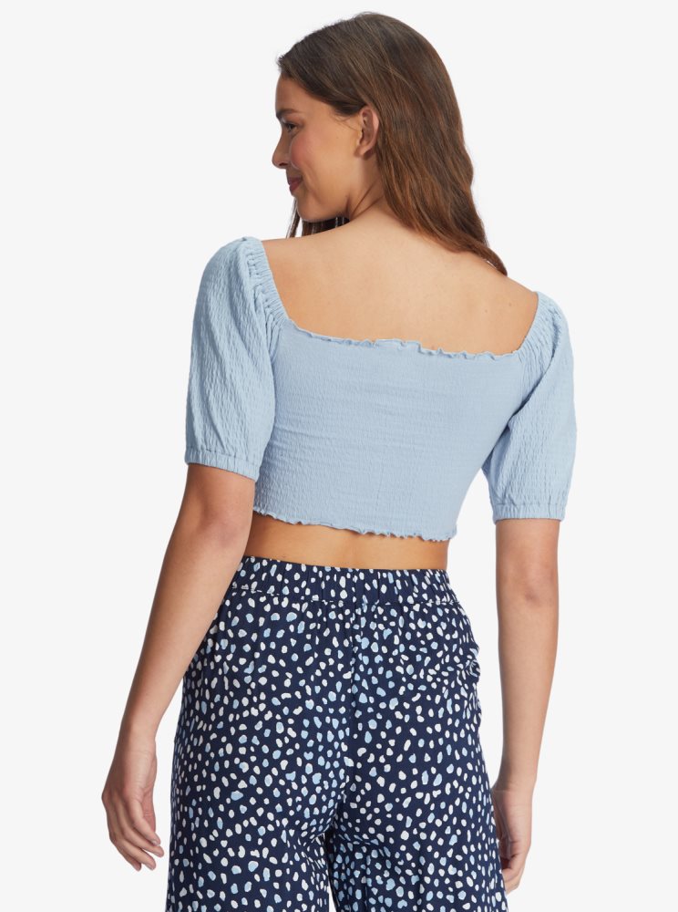 Blue Women's Roxy Flirty Walk Puff Sleeve Crop Tops | USA UTMS-14875