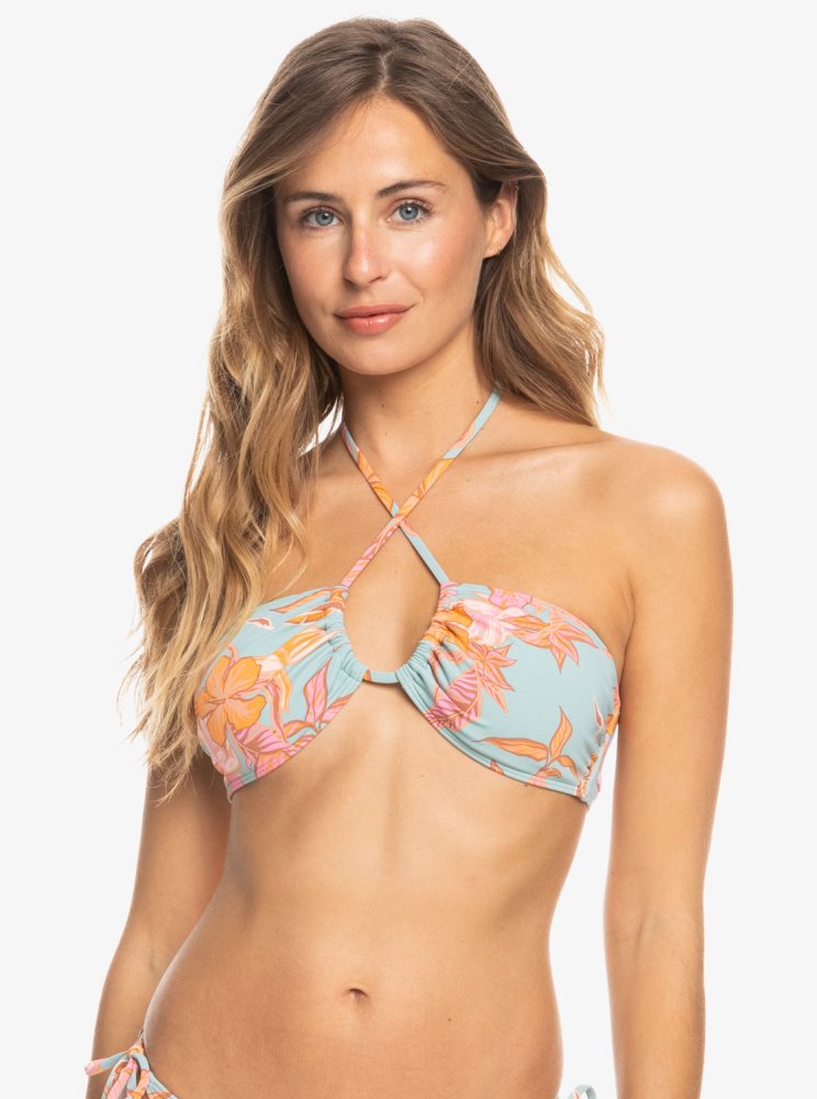 Blue Women\'s Roxy Printed Beach Classics Triangle Bikini Tops | USA DMGE-86124