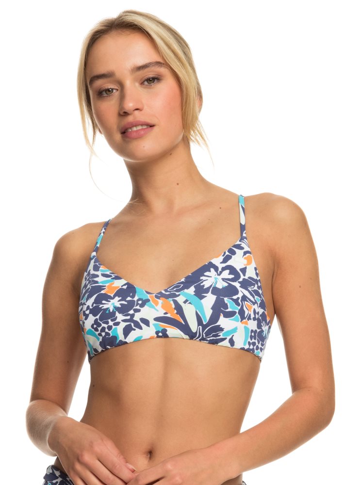 Blue Women\'s Roxy Printed Beach Classics Athletic Triangle Bikini Tops | USA RNJF-05287