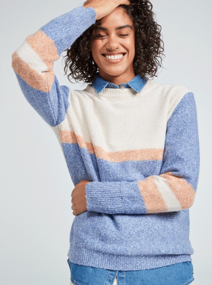 Blue Women's Roxy Real Groove Striped Sweaters | USA LHXQ-59380