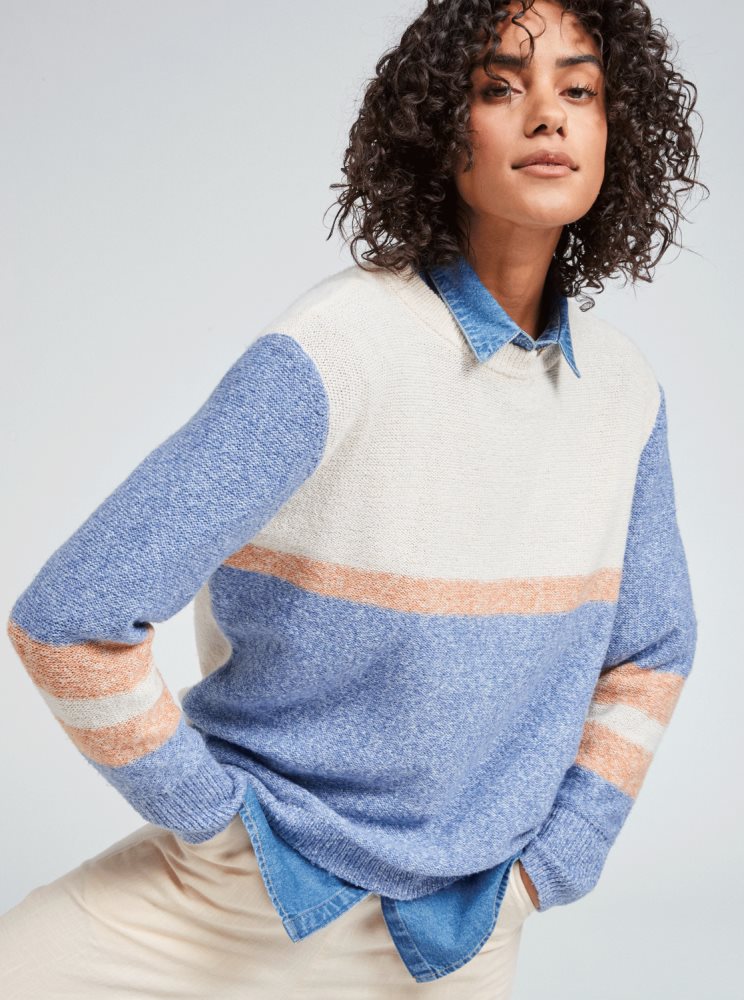 Blue Women's Roxy Real Groove Striped Sweaters | USA LHXQ-59380