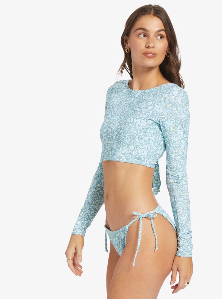 Blue Women's Roxy Seaside Tropics Long Sleeve Crop Rashguards | USA FDAJ-47928