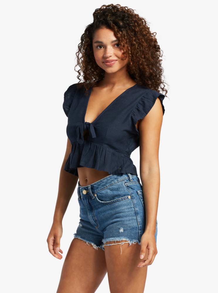 Blue Women's Roxy Sweeter Than This Knotted Cropped Tops | USA UBMX-37829