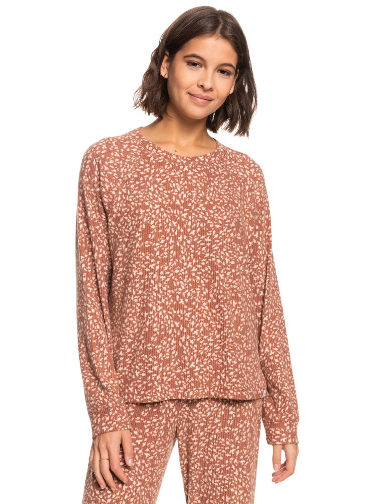 Brown Women's Roxy Anchors Away Printed Rib Long Sleeve Tops | USA DVNI-16853