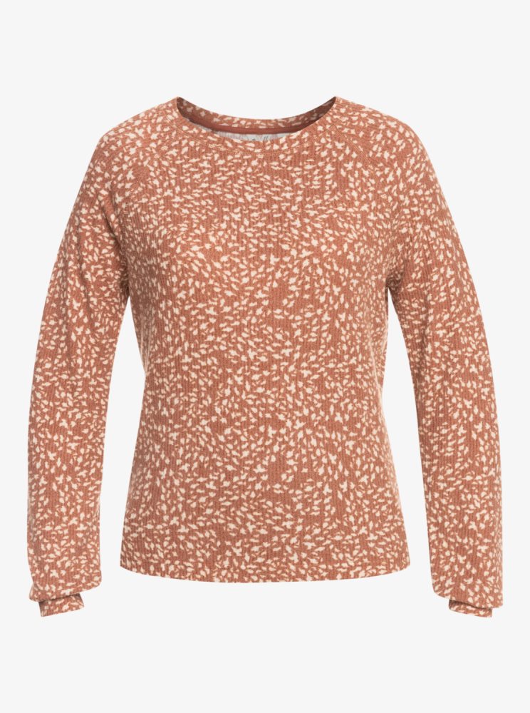 Brown Women's Roxy Anchors Away Printed Rib Long Sleeve Tops | USA DVNI-16853