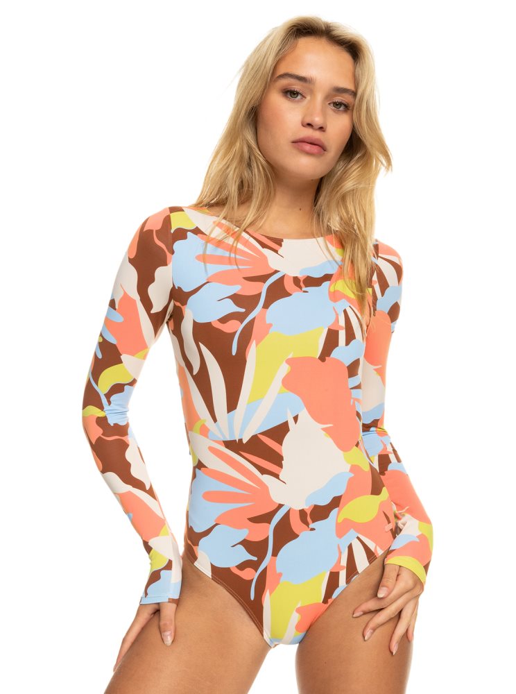 Brown Women's Roxy Floraldelic Printed Long Sleeve UPF 50 Rashguards | USA BWVL-82036