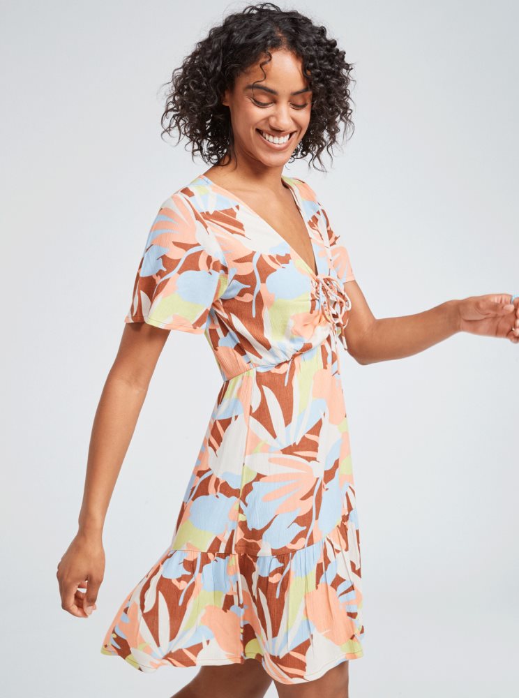 Brown Women's Roxy Summer Flow Printed Mini Dress | USA RUYA-81294