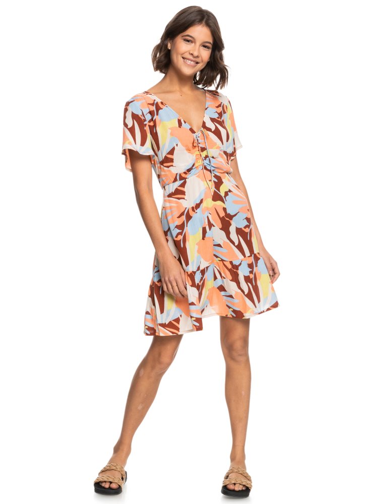 Brown Women's Roxy Summer Flow Printed Mini Dress | USA RUYA-81294