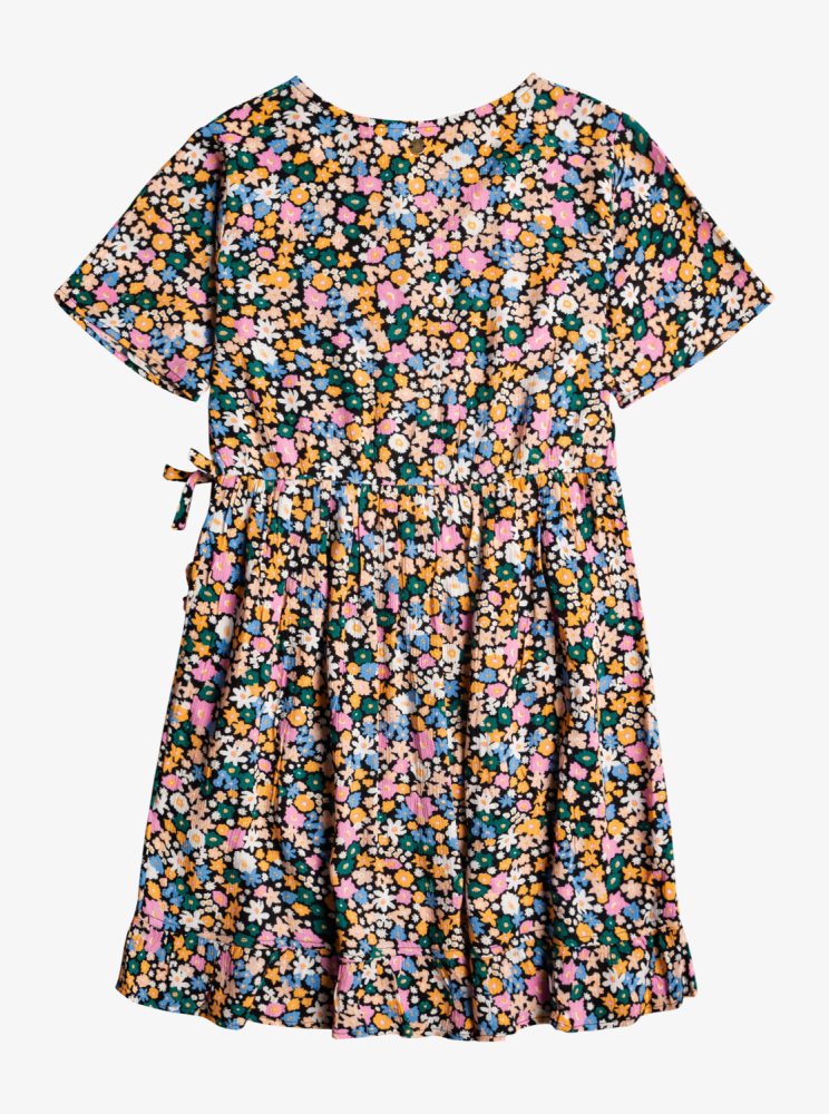 Dark Grey Flower Kids' Roxy 4-16 Wrapped Skater Dress | USA GOIT-06753