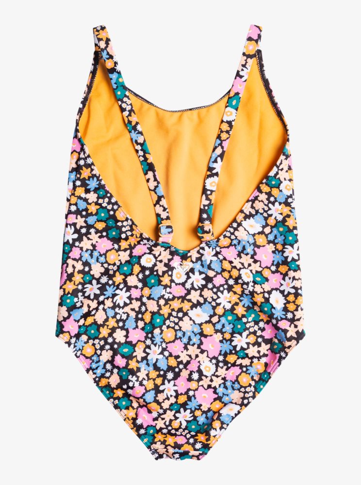 Dark Grey Flower Kids' Roxy 7-16 Active Joy One Piece Swimsuits | USA KHQJ-61584