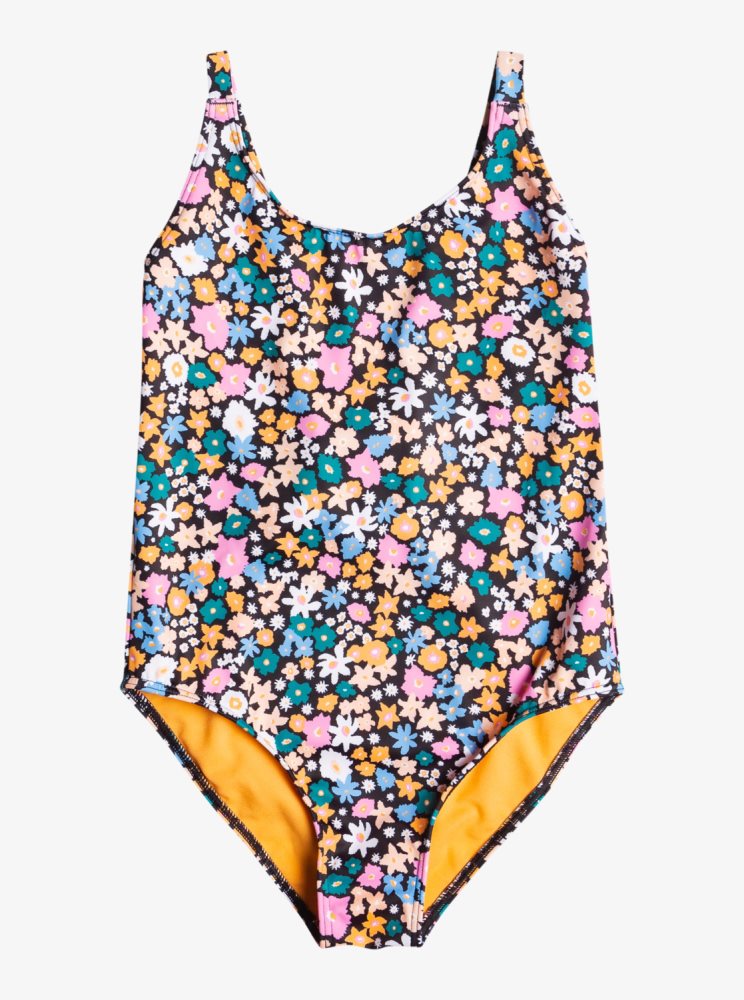 Dark Grey Flower Kids\' Roxy 7-16 Active Joy One Piece Swimsuits | USA KHQJ-61584